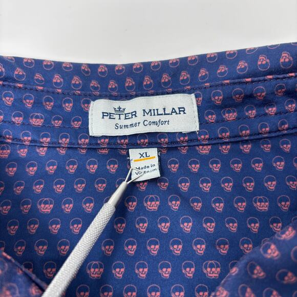 Peter Millar Summer Comfort XL Blue Skull Pattern Short Sleeve Golf Polo Shirt - Picture 2 of 7